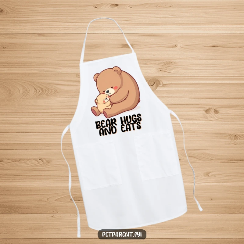 Funny bear hug apron, a nurturing bear character gently rocking a small cub, humorous and practical kitchen wear.
