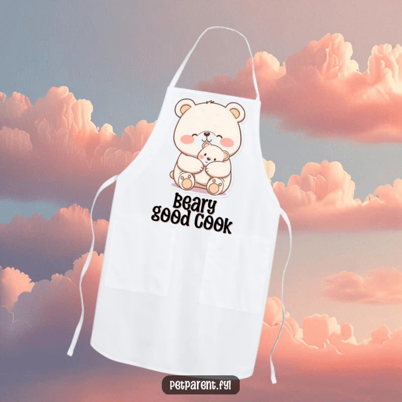 Funny Apron: A cheerful bear nuzzles a teddy bear, a humorous and practical design for kitchen fun.