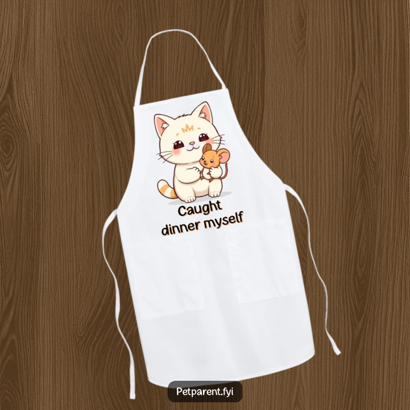 Funny apron with a proud cat character holding a tiny toy mouse, ideal for humorous kitchen endeavors.