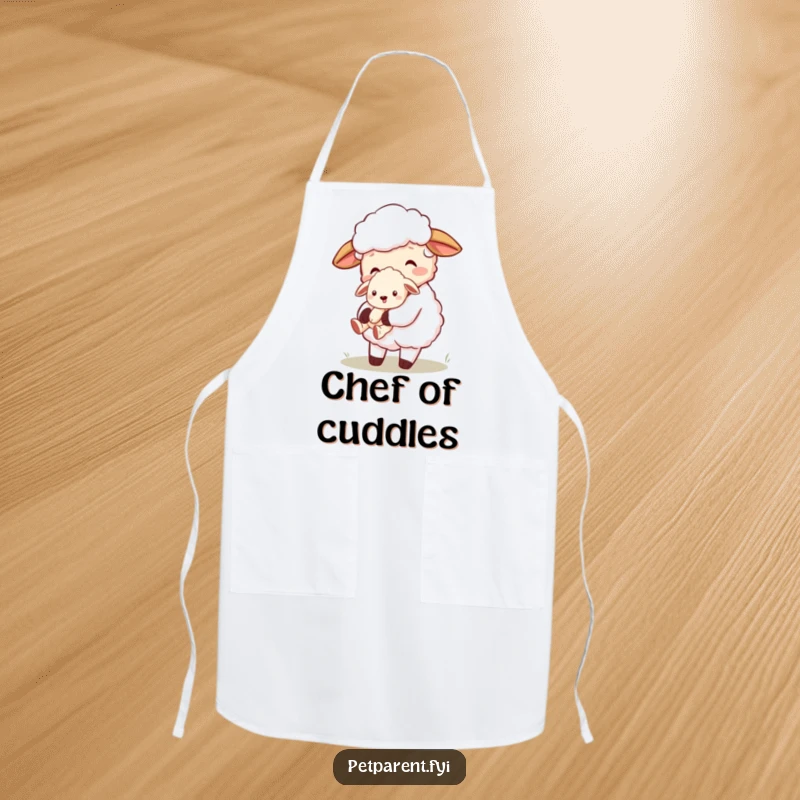 Funny and cute cartoon sheep character carrying a puppy, featured on a durable kitchen apron, perfect for cooking and baking.
