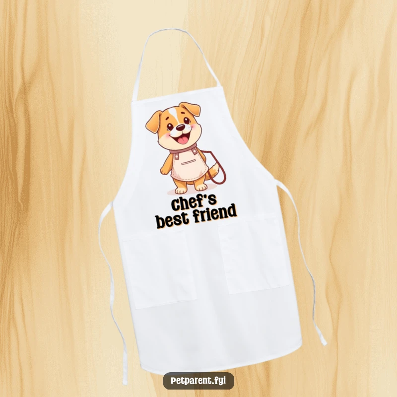 Funny apron with a happy dog character in a chef apron holding a leash, ideal for cooking with enthusiasm.