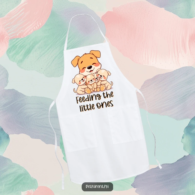 Funny kitchen apron showing a dog character carefully cuddling three tiny puppies, ideal for a loving and humorous cooking experience.