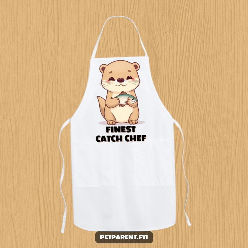 Funny and successful cartoon otter character holding a fish, featured on a durable kitchen apron.