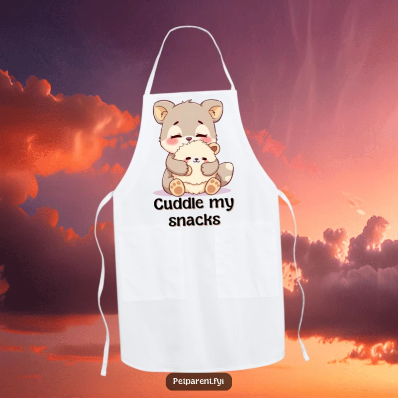 Funny affectionate animal apron showing a creature cuddling a fluffy stuffed animal. Humorous kitchen gift.