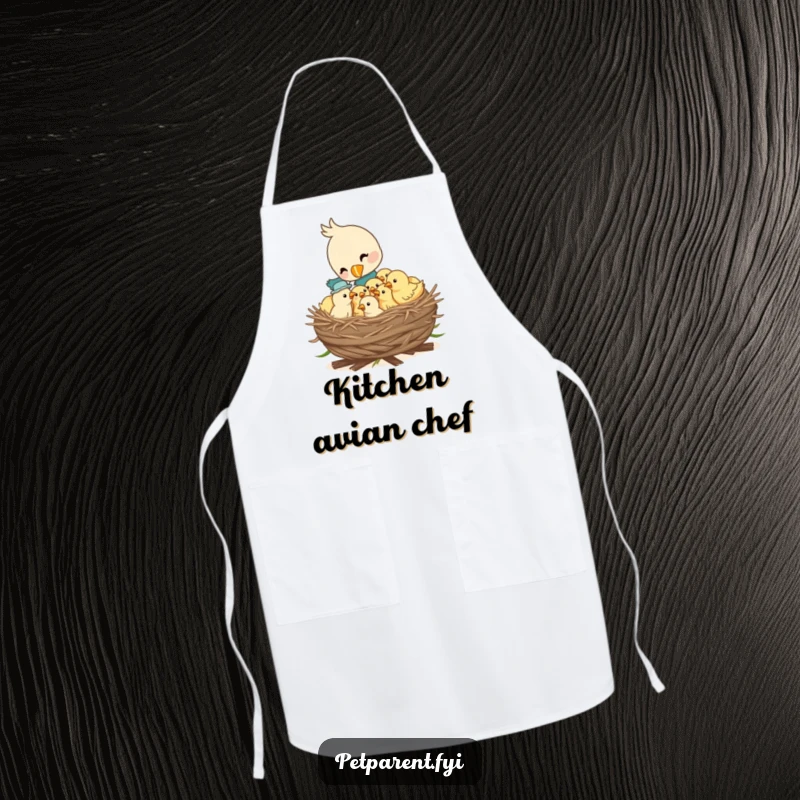 Funny kitchen apron featuring a bird character feeding a nest full of hungry chicks, ideal for a heartwarming cooking experience.