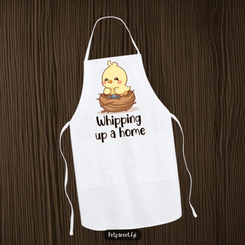 Funny cheerful bird character building a cozy nest on an apron, adding a humorous touch to kitchen activities.