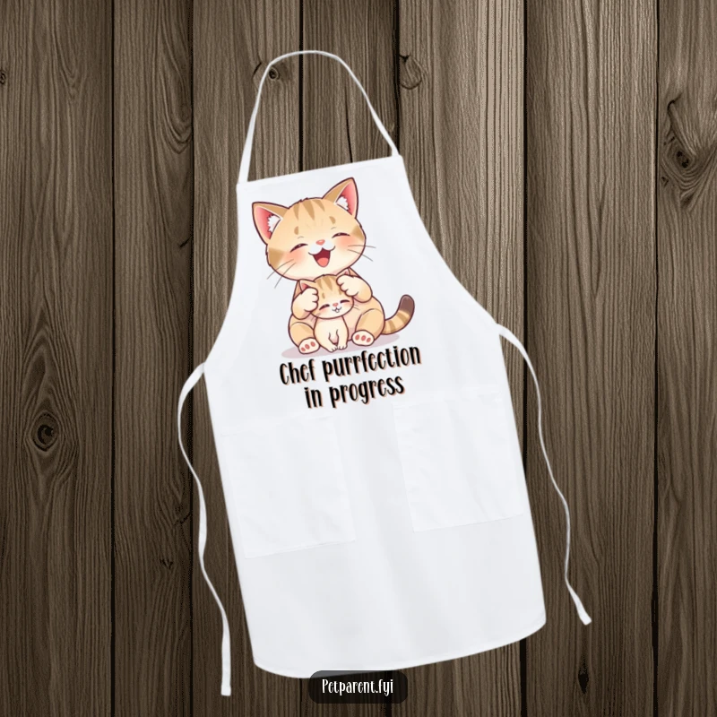 Funny kitchen apron featuring a cat character grooming a small kitten, perfect for a clean and cheerful cooking experience.