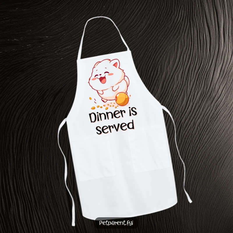 Funny apron: a fluffy creature joyfully chasing a rolling food pellet, ideal for kitchen fun and protection.