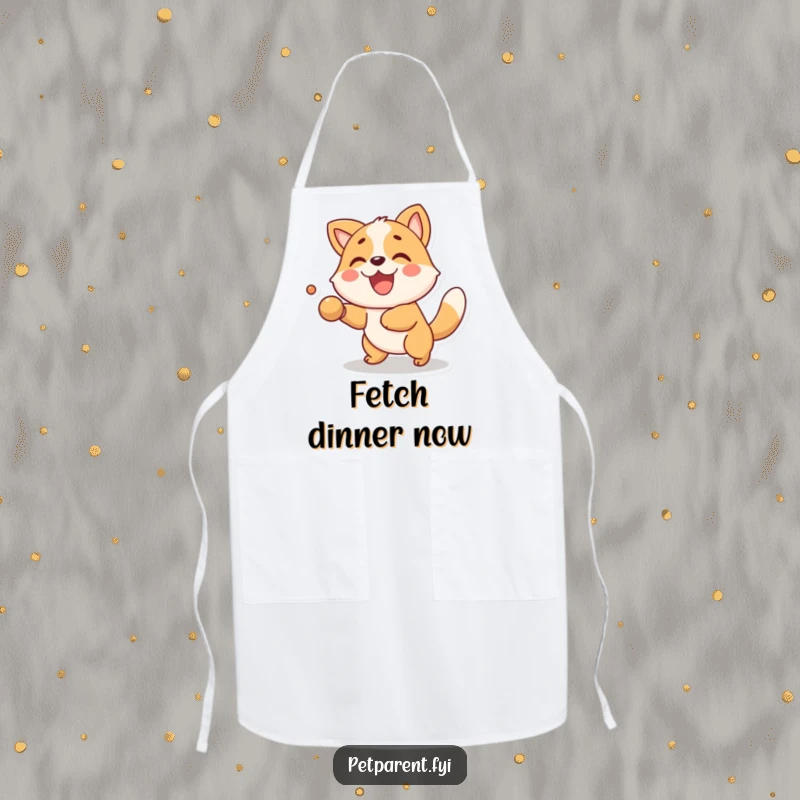 Funny Apron featuring a cute animal character enthusiastically playing fetch. A superb funny gift for active bakers and chefs.