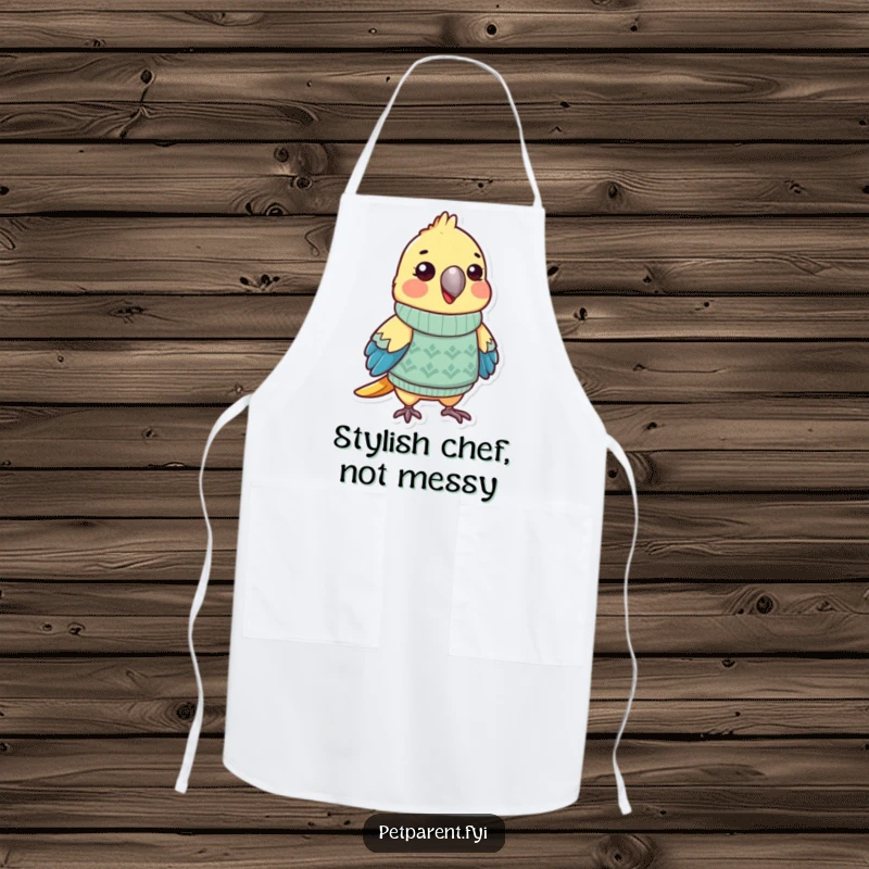 Funny parrot apron featuring a playful bird character in a miniature sweater, ideal for cooking and adding a humorous touch. A wonderful funny gift.
