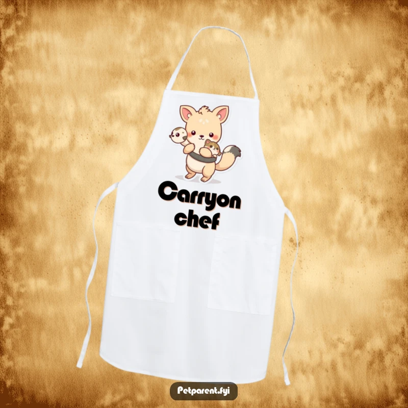 Funny playful animal character carrying a pet on its back, on a kitchen apron.