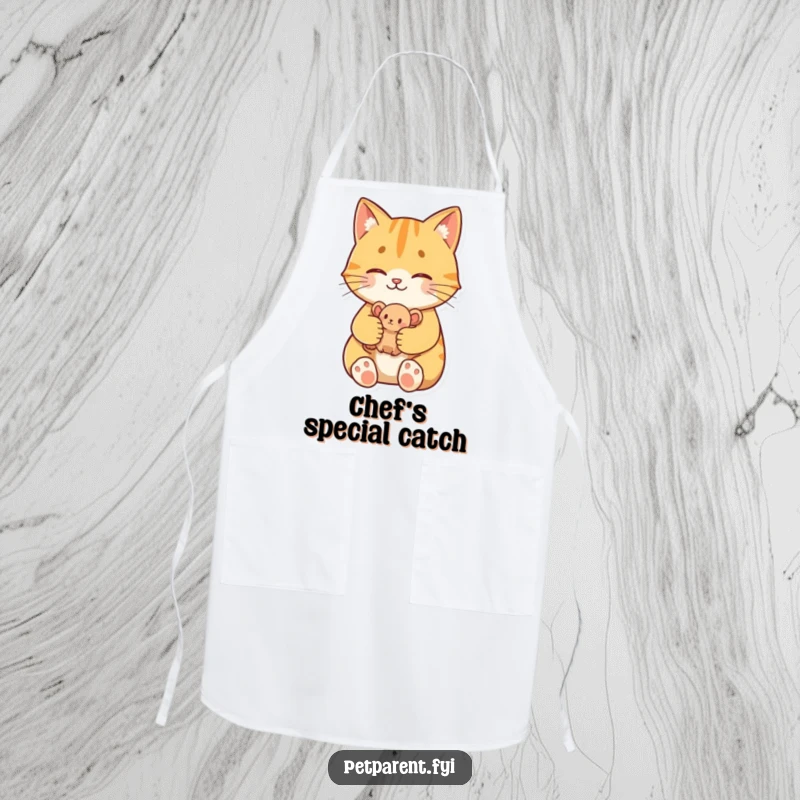Funny Proud Cat Apron: A proud cat character holds a toy mouse, perfect for a funny gift for chefs.