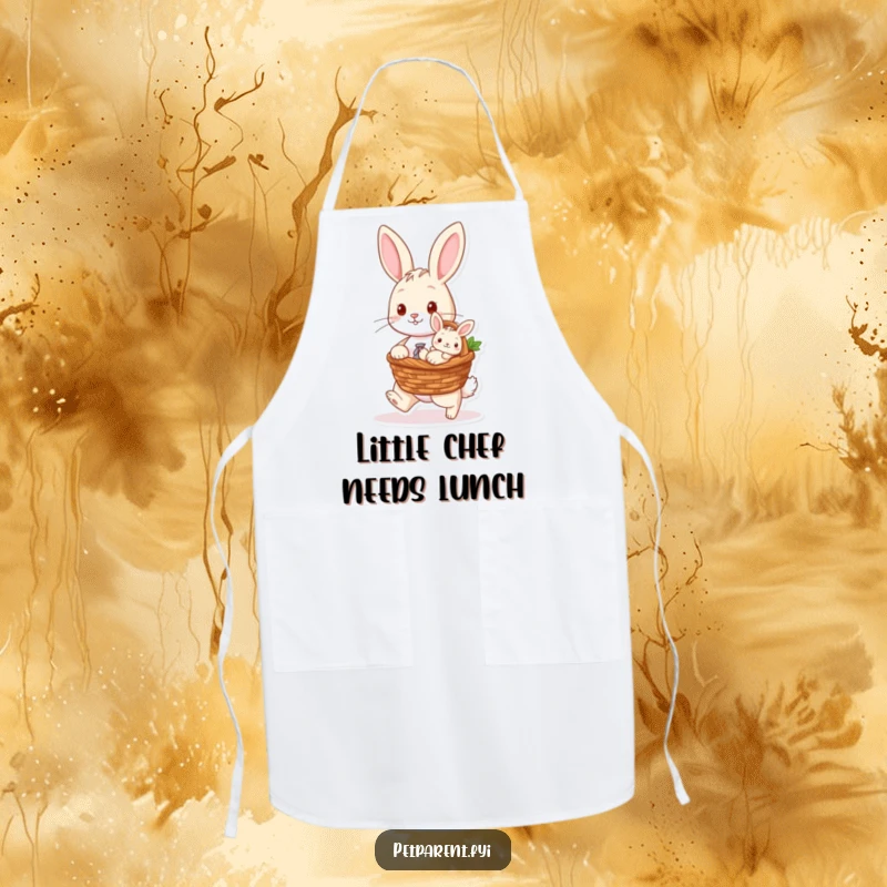 Funny kitchen apron featuring a rabbit character carrying a baby bunny in a basket, ideal for a heartwarming cooking experience.