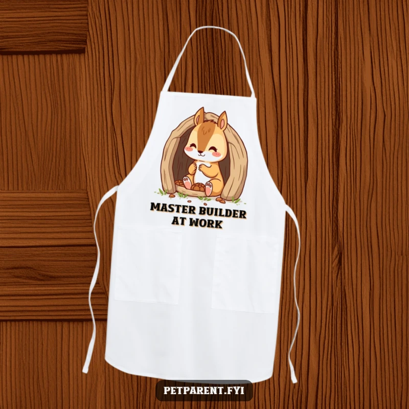 Funny and busy cartoon squirrel character building a tiny den, featured on a durable kitchen apron.