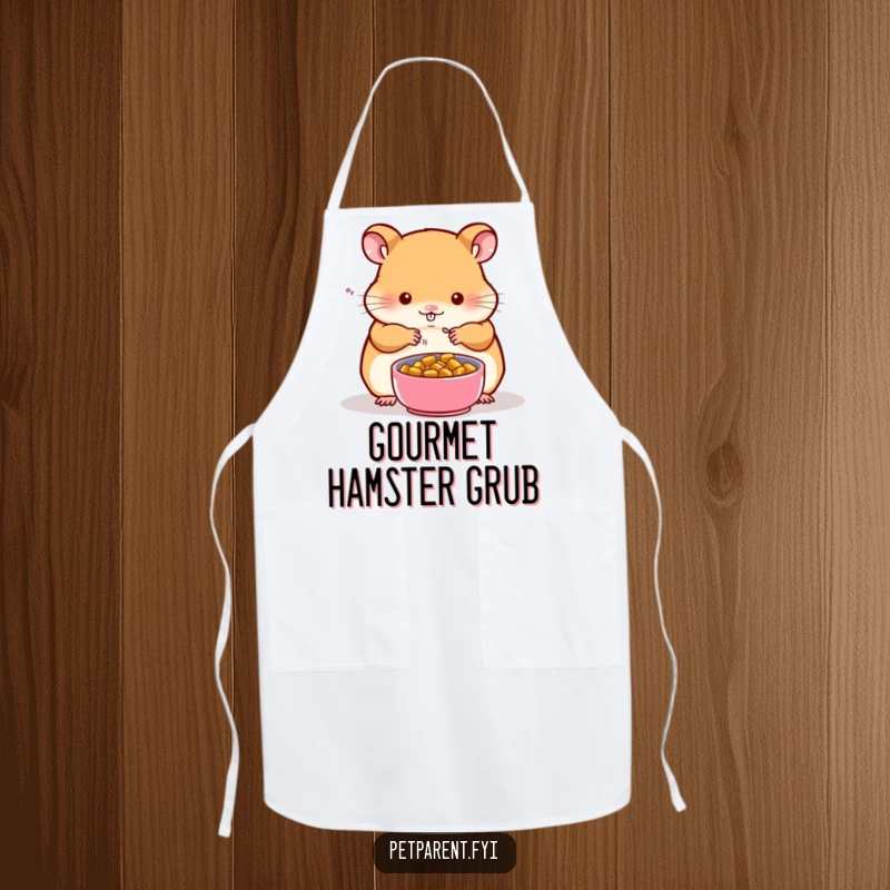 Funny kitchen apron featuring a hamster character preparing a tiny food bowl for a companion, ideal for a heartwarming cooking experience.