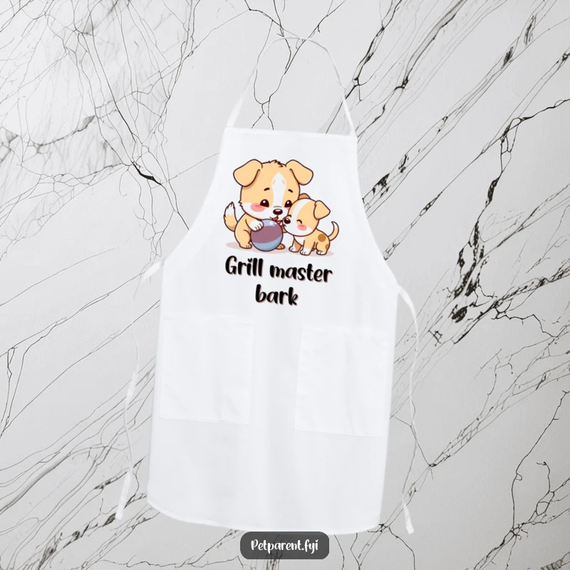 Funny Dog Apron showing a playful dog offering a squeaky toy to a puppy, bringing humor and fun to kitchen activities.