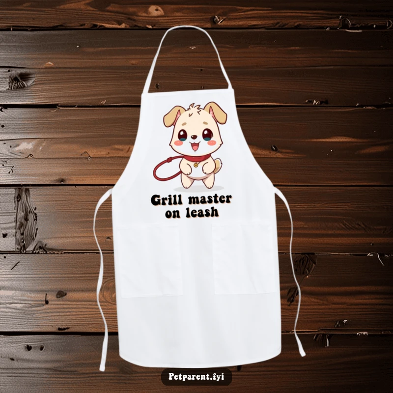 Funny apron designed for dog walkers, showing a happy animal holding a leash with an enthusiastic wagging tail.