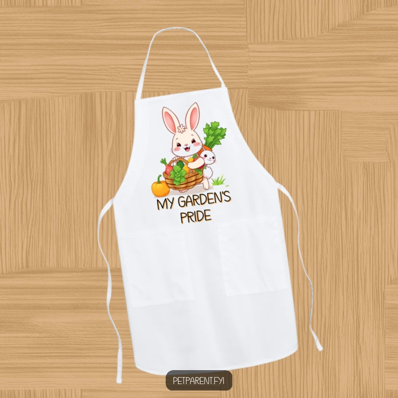 Funny bunny character carrying a large basket of vegetables, ready to cook, featured on a practical and humorous apron.
