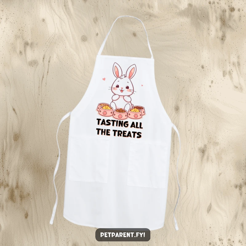 Funny rabbit apron featuring a content character surrounded by miniature pet bowls, ideal for pet parents and adding kitchen humor. A wonderful funny gift.