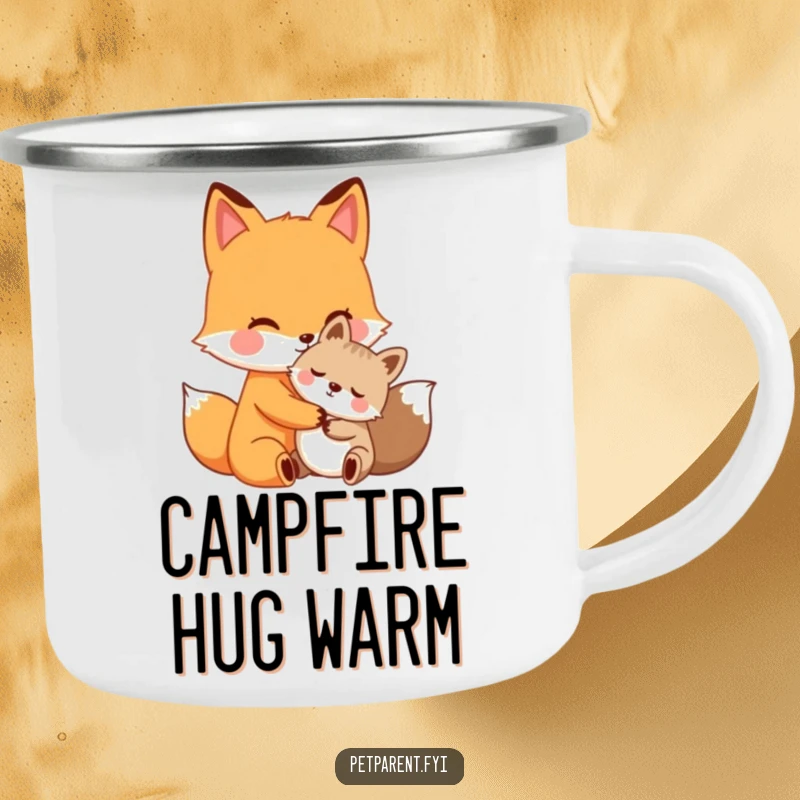 Funny fox hug camping mug, caring fox character offering a warm hug to a smaller animal, rugged and humorous for outdoor use.