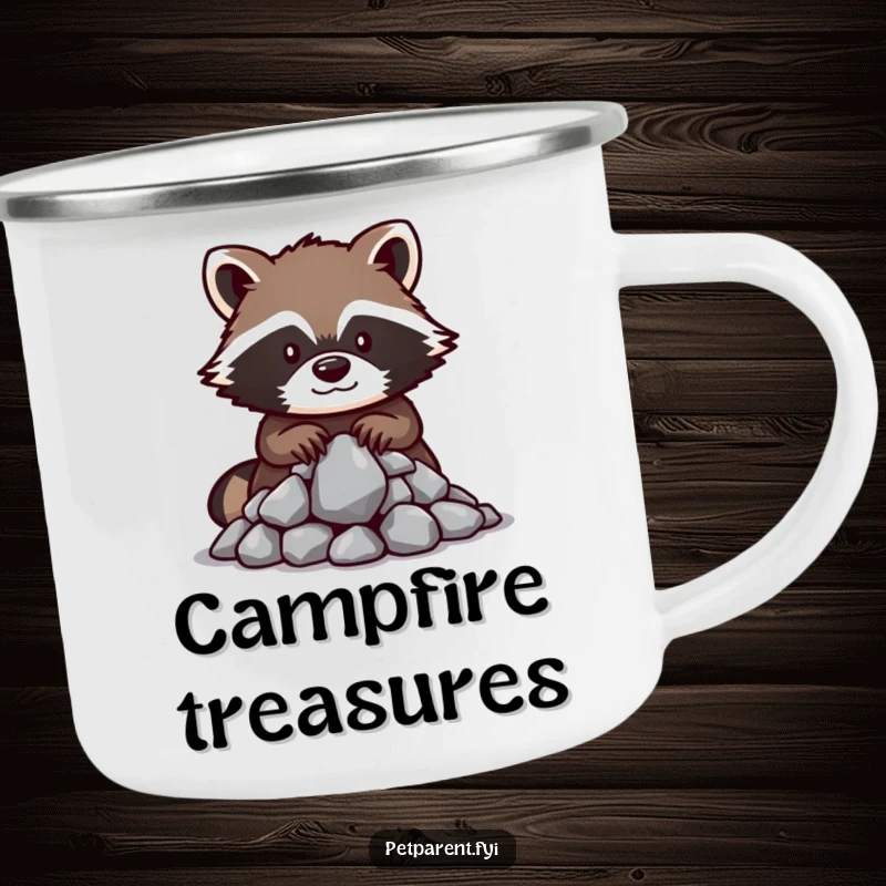 Funny raccoon camping mug showing a protective raccoon character guarding shiny rocks, perfect for enjoying beverages in nature.
