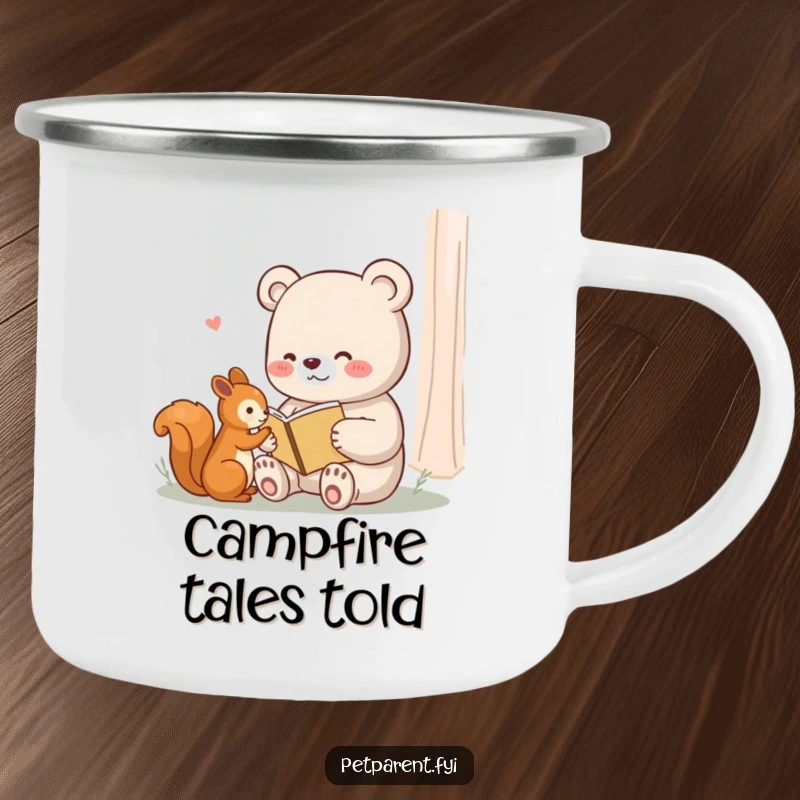 Funny camping mug featuring a content bear reading a tiny book to a squirrel, perfect for outdoor storytelling.