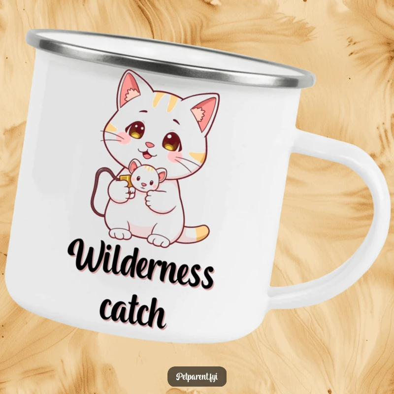 Funny Cat Camping Mug: A proud cat holds a tiny toy mouse. Humorous and durable for outdoor enthusiasts.