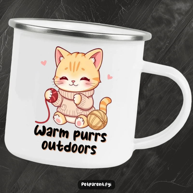 Funny camping mug with a playful cat character in a sweater batting yarn, ideal for cozy outdoor moments.