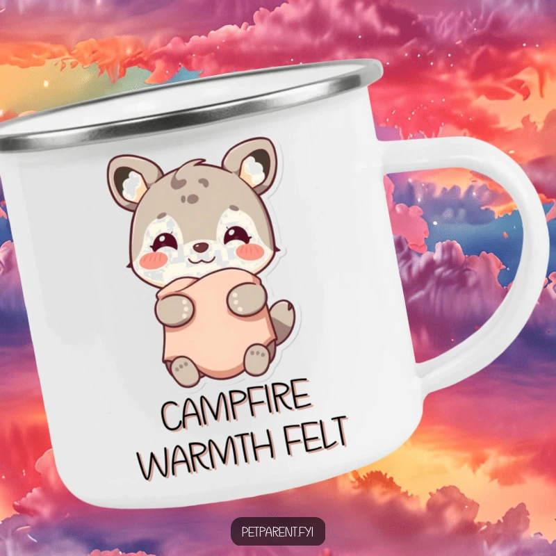 Funny camping mug with a smiling animal character holding a warm blanket, ideal for outdoor coziness and cheer.
