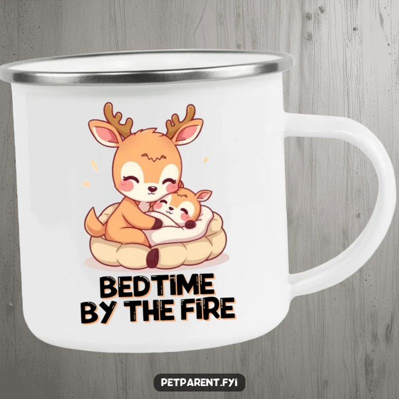 Funny camping mug with a deer offering a bed, great for hot drinks during outdoor adventures with a humorous touch.