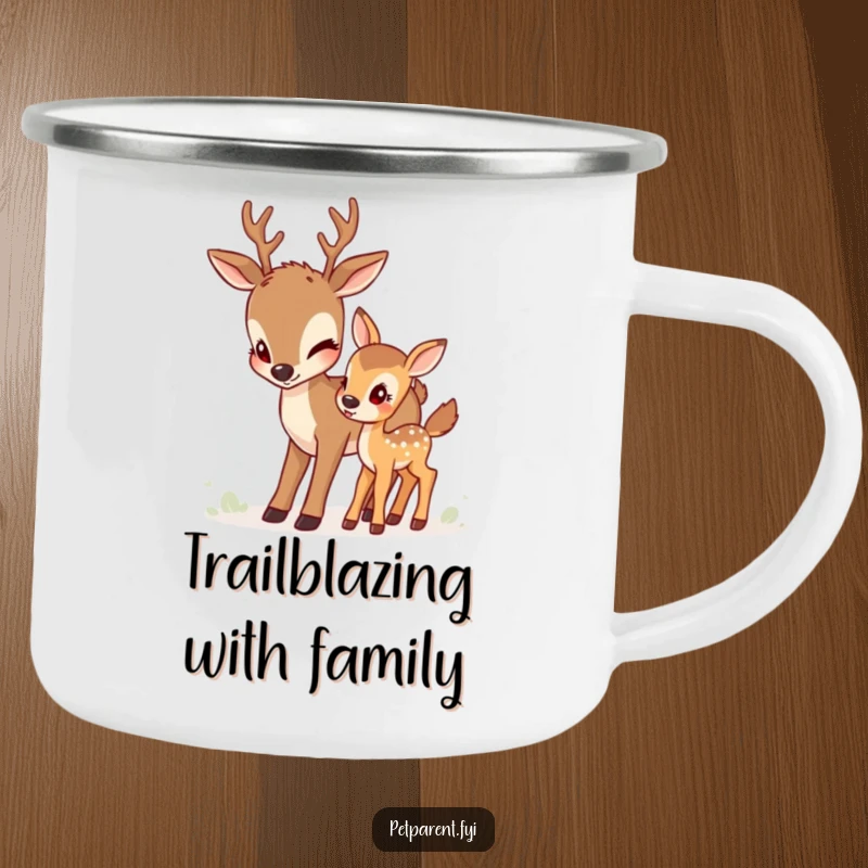 Funny deer camping mug showing a caring deer nudging her fawn, perfect for enjoying beverages amidst nature's beauty.