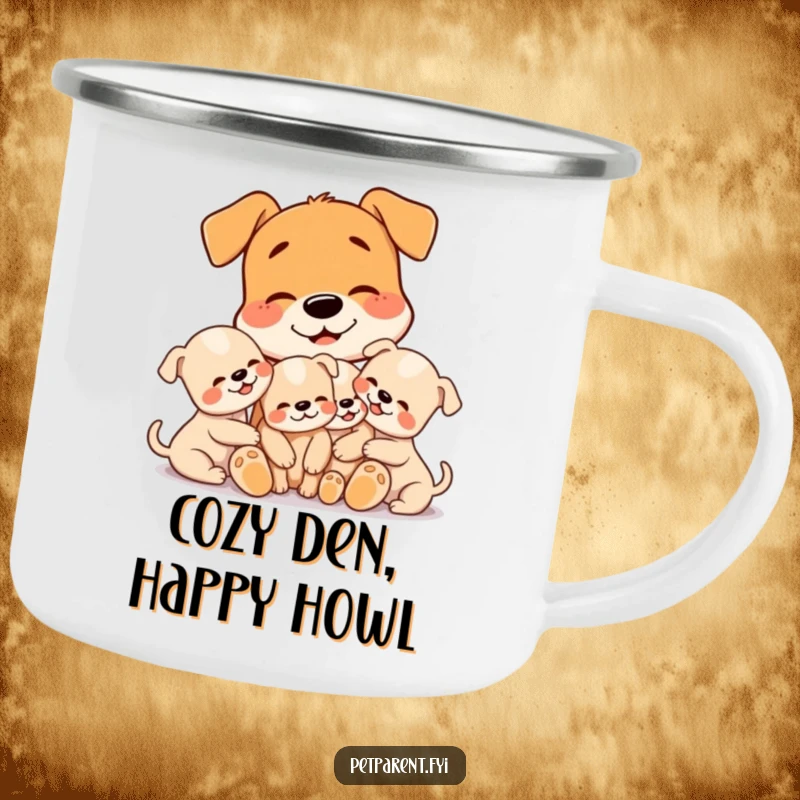 Funny enamel camping mug featuring a dog character embracing three tiny puppies, perfect for outdoor adventures and heartwarming moments.