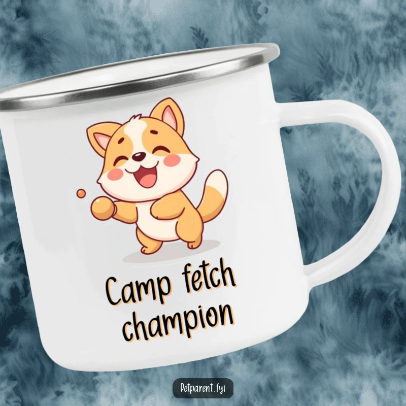 Funny Camping Mug showing a delighted animal character playing fetch. Ideal funny gift for outdoor enthusiasts and pet lovers.