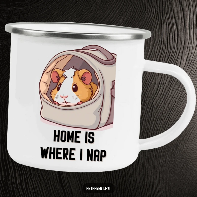 Funny camping mug showing a content guinea pig peeking from a cozy carrier bag, ideal for outdoor enthusiasts who love humor.