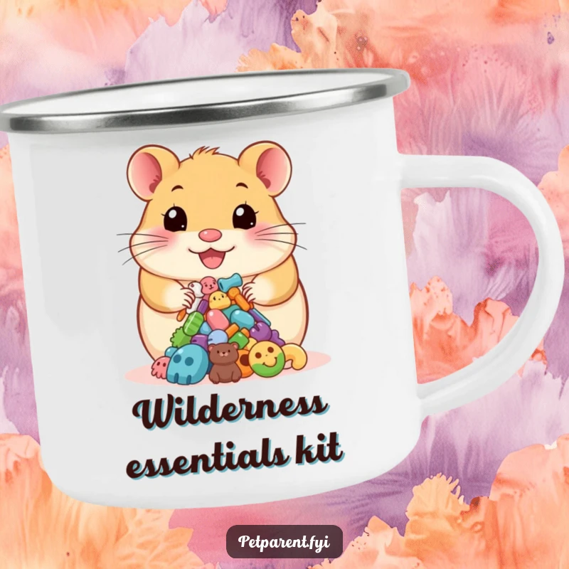 Funny camping mug showing a happy hamster proudly presenting pet accessories, ideal for outdoor enthusiasts who love humor.