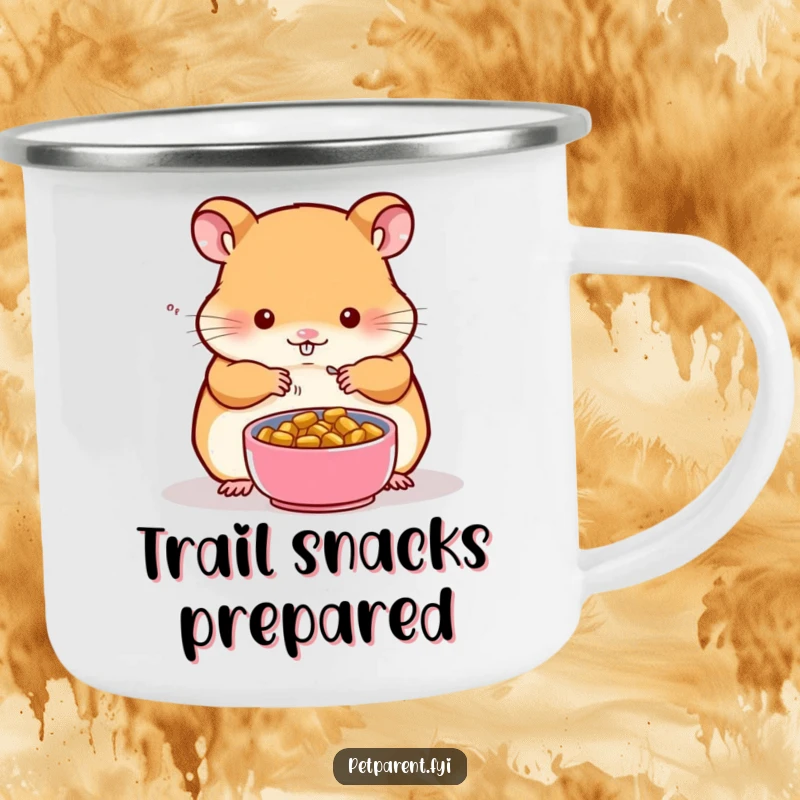 Funny enamel camping mug featuring a hamster character preparing a tiny food bowl for a companion, perfect for outdoor trips.