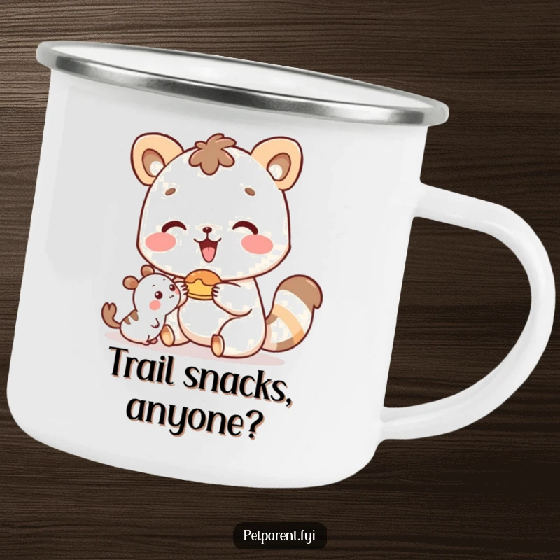 Funny happy animal character offering food to a small friend, on a rugged camping mug.