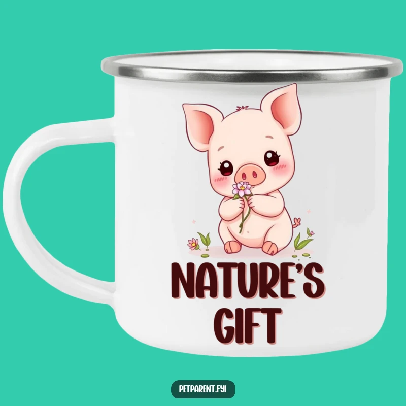 Funny Kawaii Piglet Camping Mug: Flower Giver Pal - Durable & Sweet Outdoor Gift