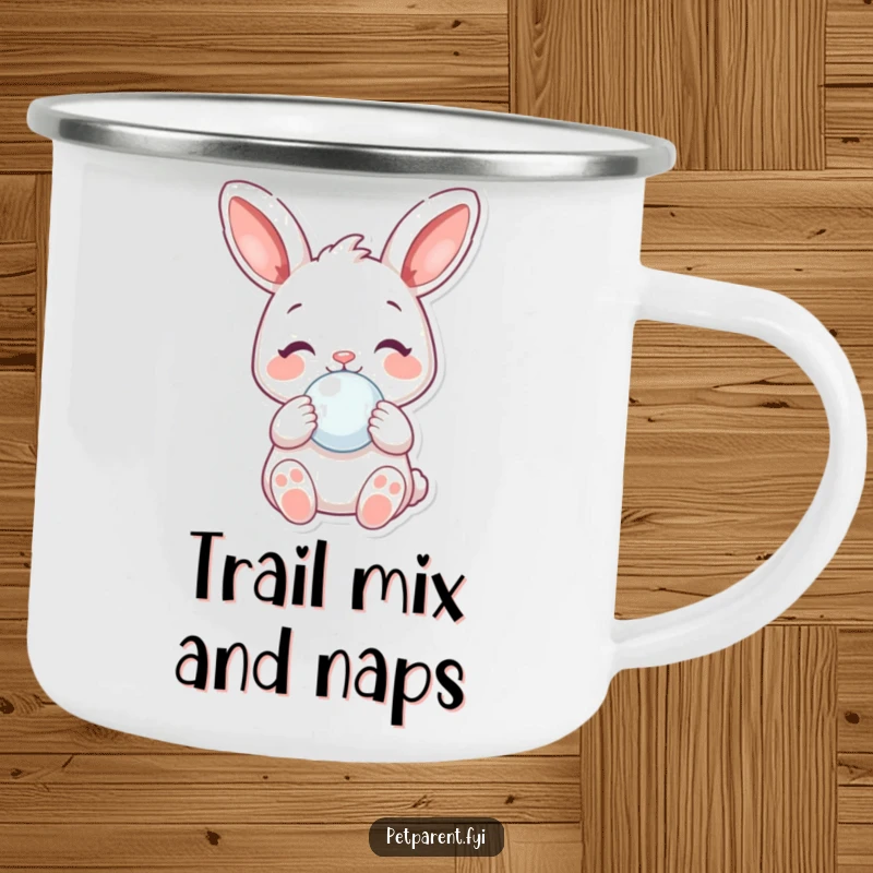 Funny Camping Mug: A joyful rabbit holds a pacifier, a humorous and durable mug for outdoor trips.