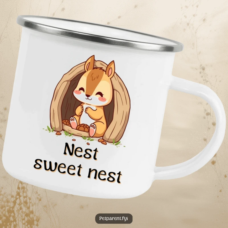 Funny squirrel character building a tiny den on a durable enamel camping mug, perfect for outdoor work and drinks.