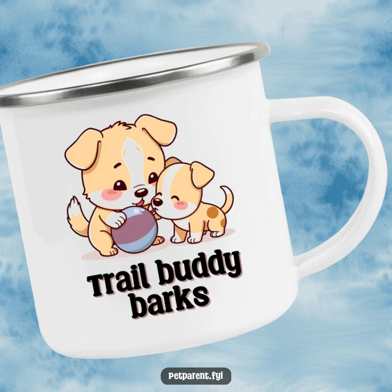 Funny Dog Camping Mug showing a playful dog sharing a squeaky toy with a puppy, ideal for humorous outdoor sipping.