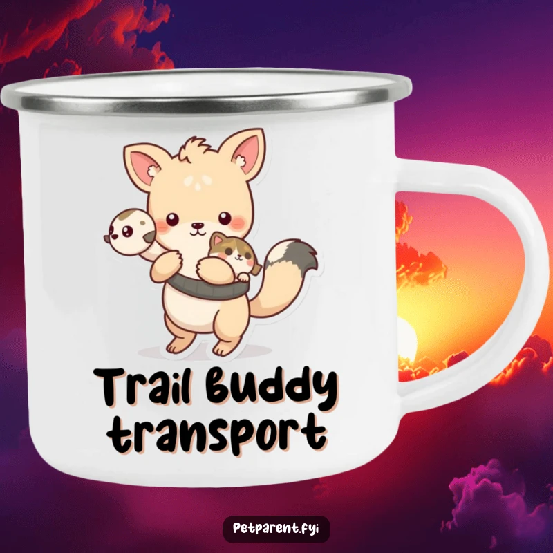 Funny playful animal character carrying a pet on its back, on a rugged camping mug.
