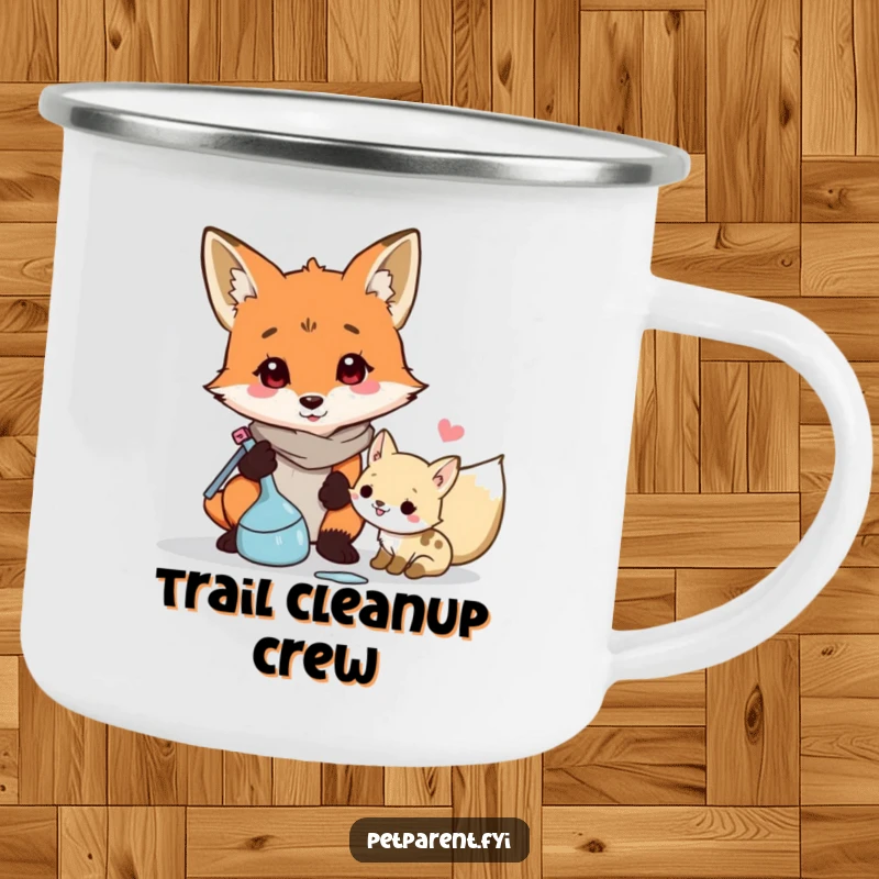 Funny fox character cleaning up messes on a durable enamel camping mug, perfect for outdoor drinks and organization.