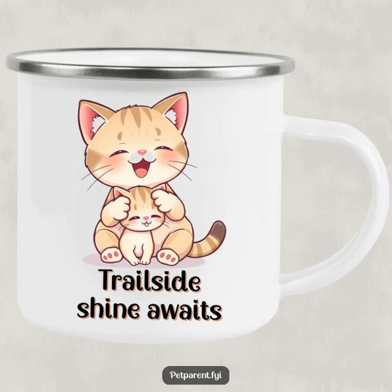 Funny enamel camping mug featuring a cat character grooming a small kitten, ideal for outdoor adventures and comforting sips.
