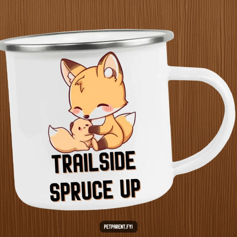 Funny Nurturing Fox Camping Mug: A nurturing fox grooms a small creature, perfect for appreciating nature's care.