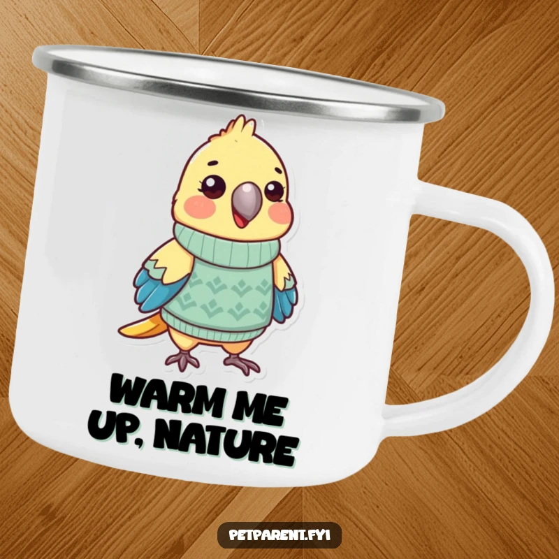 Funny parrot camping mug featuring a stylish bird character in a miniature sweater, perfect for outdoor use and humor. A great funny gift.
