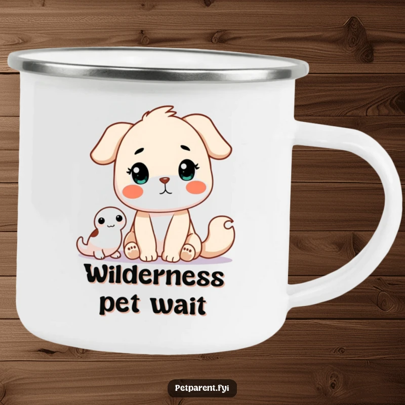 Funny Camping Mug showing a patient animal character waiting for a pet. Ideal funny gift for outdoor lovers and animal fans.