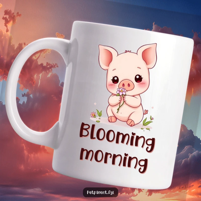 Funny Kawaii Piglet Mug: A cute piglet character gently placing a flower on a small friend, sharing beauty and joy.