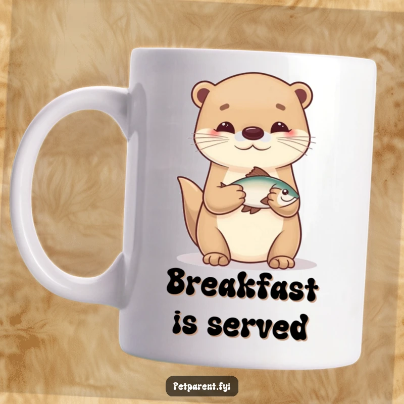 Funny cartoon otter character gently holding a tiny, freshly caught fish, symbolizing successful fishing on a ceramic mug.