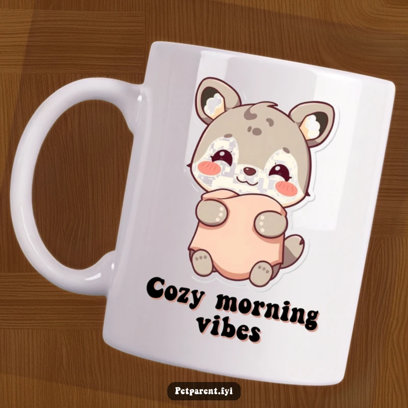 Funny mug with a smiling animal character holding a small, warm blanket, symbolizing comfort, happiness, and contentment.